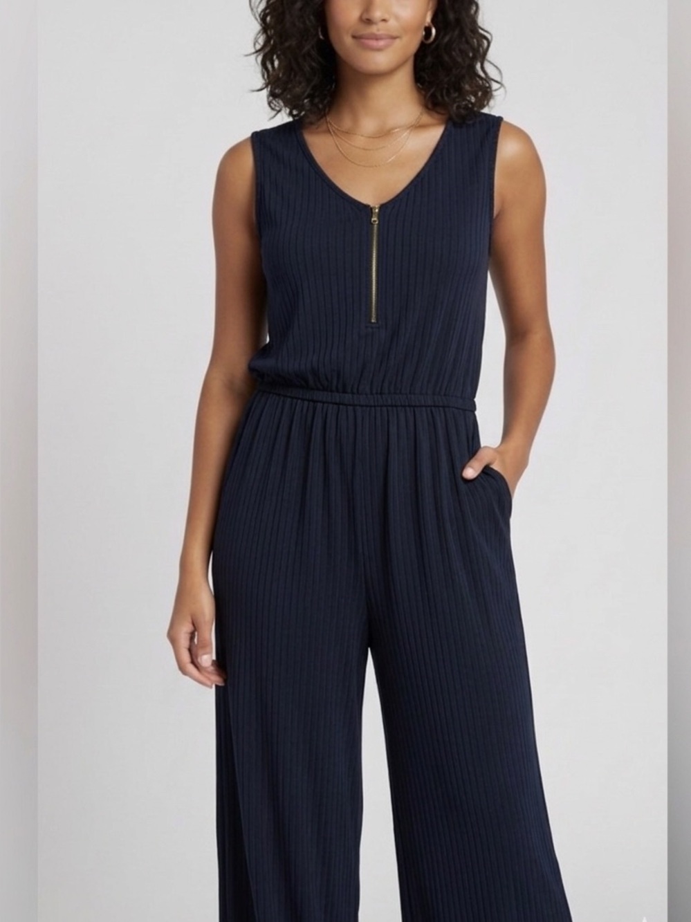 Mid-calf wide leg navy Sleeveless Jumpsuit romper light fabric stretch size L